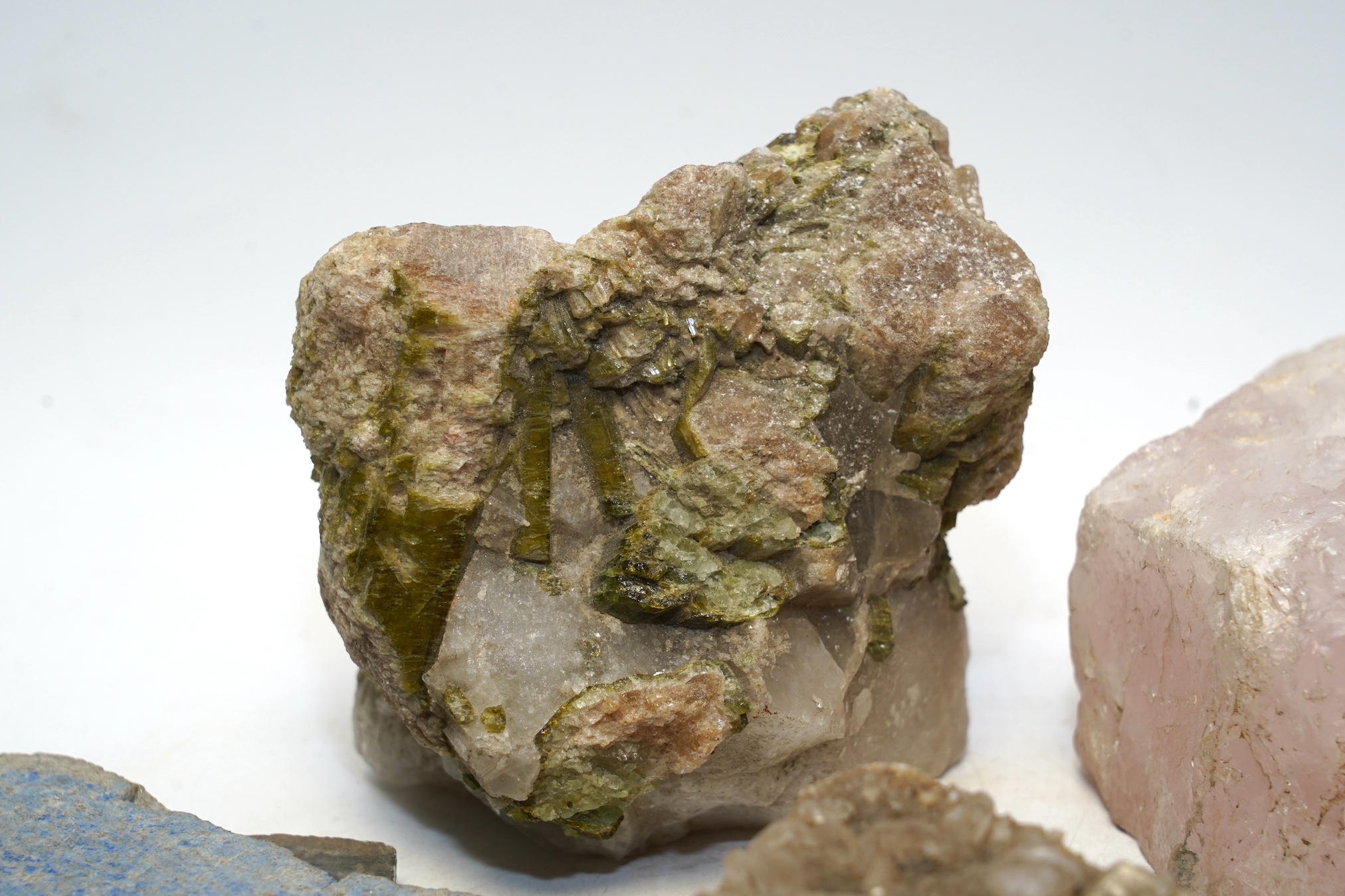 Assorted geodes including rose quartz and lapis lazuli, largest 15.5cm. Condition - fair